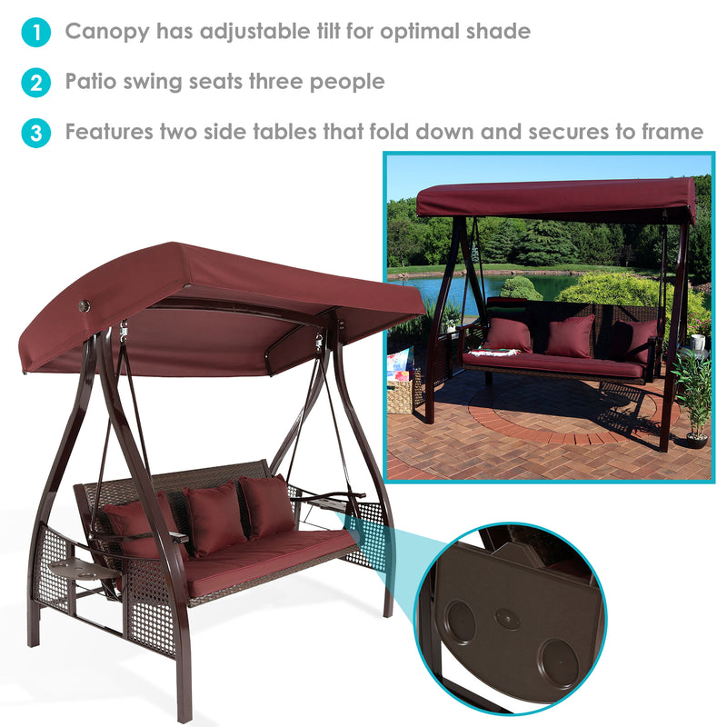 Sunnydaze Decor Deluxe Steel Frame Maroon Cushioned Swing with Canopy Side Tables