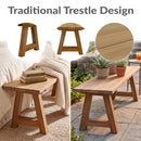 Sunnydaze Teak Trestle Bench in a mudroom with onscreen overlay text saying traditional trestle design, with three bubbles above the lifestyle image showing a close up of the trestle side's and a swatch of the wooden teak coloration.