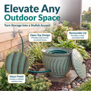 Green glazed ceramic-style garden storage container with a fitted lid and decorative wavy texture, designed to turn outdoor storage into an attractive accent for patios, gardens, and walkways.