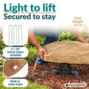 Infographic showing a lightweight, flat tan faux rock cover being lifted over a sprinkler valve in a landscaped garden. Text highlights its 4.2 lb weight, three included 12-inch metal stakes, and built-in stake holes for secure outdoor placement.