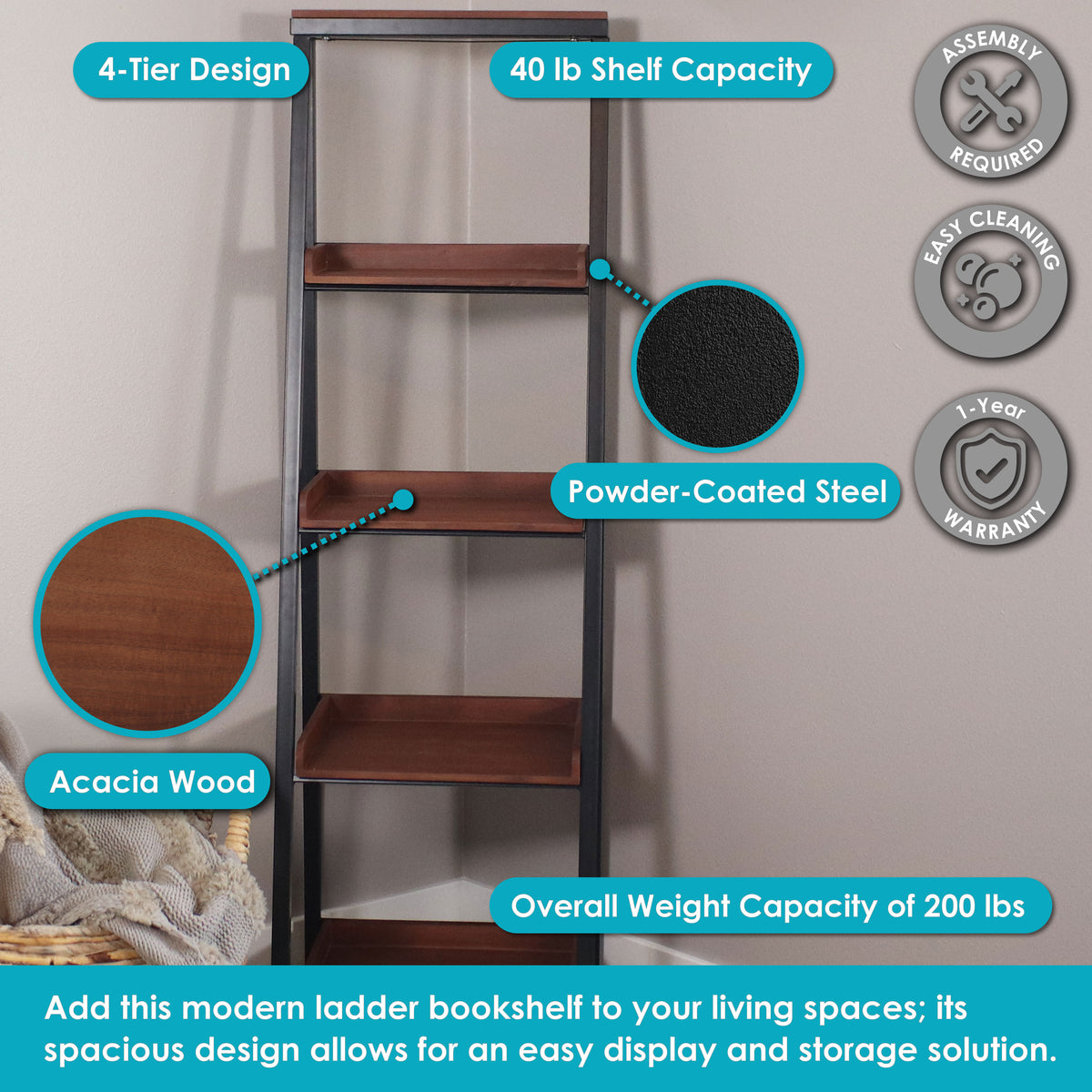 Sunnydaze Indoor 4-Tier Leaning Ladder Shelf - 59.75