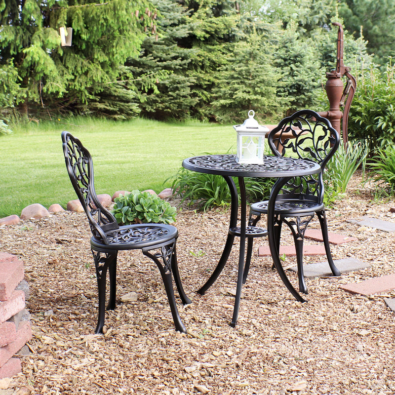 Sunnydaze 3-Piece Outdoor Cast Aluminum Patio Bistro Set - Black Vines