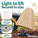 Lightweight beige faux rock utility cover being lifted to reveal outdoor plumbing. Text highlights its 2.4 lb weight, three included 12-inch metal stakes, and built-in stake holes for secure ground installation.