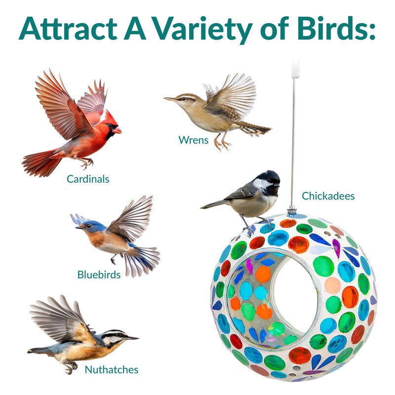 Sunnydaze Round Mosaic Glass Hanging Bird Feeder - 6"