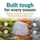 Infographic featuring a tall, tapered light gray faux rock cover in a landscaped garden transitioning through different seasons. Text highlights weather-resistant construction, including a crack- and fade-resistant shell, UV-resistant polyresin, rain and snow resistance, and durability in extreme heat and freeze-thaw conditions.