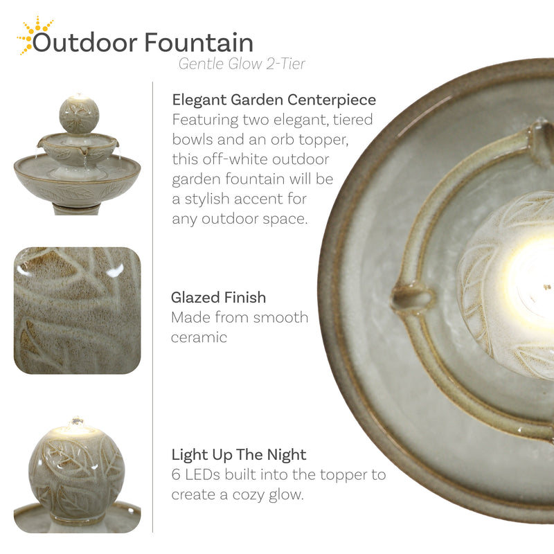 Sunnydaze Gentle Glow 2-Tier Ceramic Outdoor Fountain with LED Lights