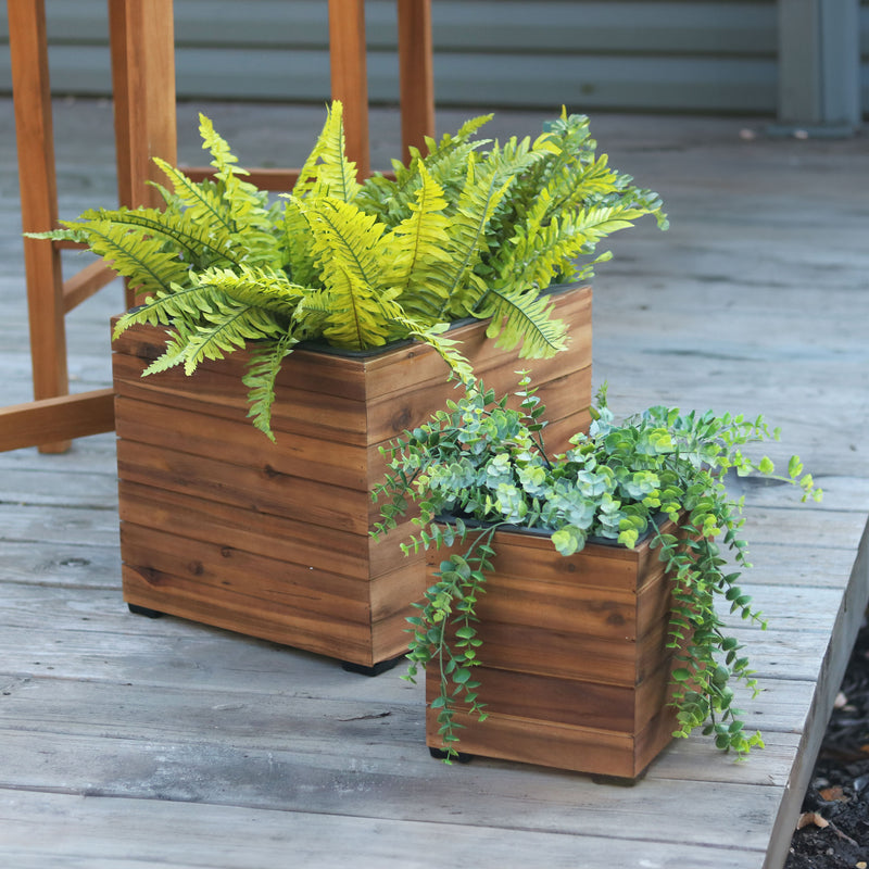 long wooden planter box indoor Sunnydaze Indoor/Outdoor Square Acacia Wood Planter Box with Plastic Liner - 2pk