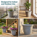 Sunnydaze 15.25-Inch Anjelica Large Plastic Pot for Plants - Outdoor Double-Walled Large Plastic Planter with Drillable Drainage Holes - Light Gray. Designed for indoor and outdoor use, showing a range of imagery of the planter in different settings.