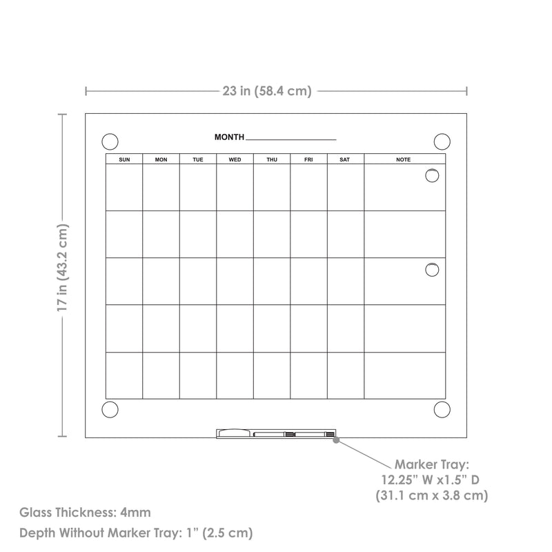 Sunnydaze Glass Whiteboard Calendar for Wall with Markers