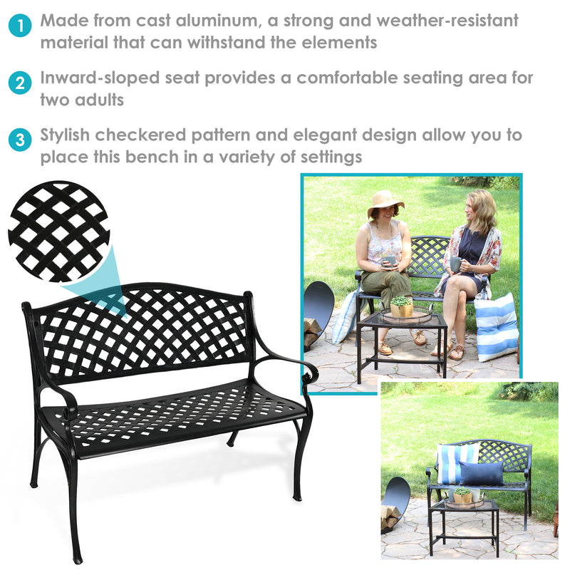 Sunnydaze 2-Person Checkered Cast Aluminum Metal Garden Bench - Black