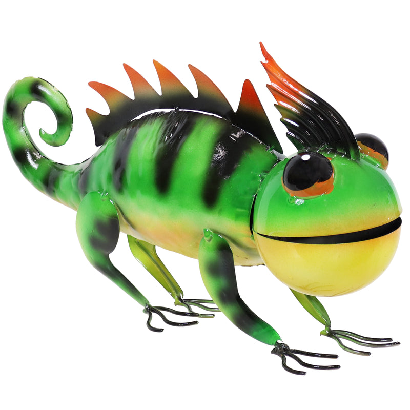 Single, green chameleon with curly tail and black and orange spikes.