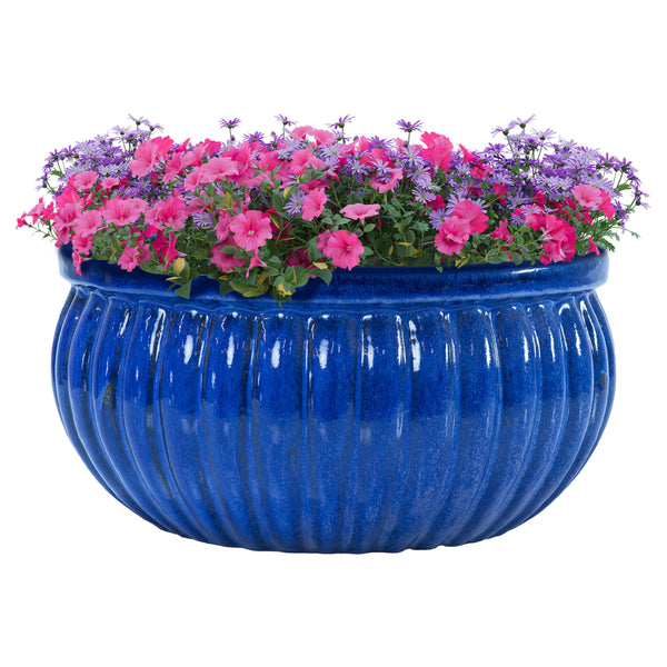 lowe's planter pots Sunnydaze Ribbed Glazed Ceramic Planter Bowl