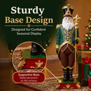 Decorative Santa figure in a green, burgundy, and gold outfit standing on an ornate red and green base, highlighting the supportive base and stable placement on flat surfaces. Text reads “Sturdy Base Design” and “Designed for Confident Seasonal Display.”