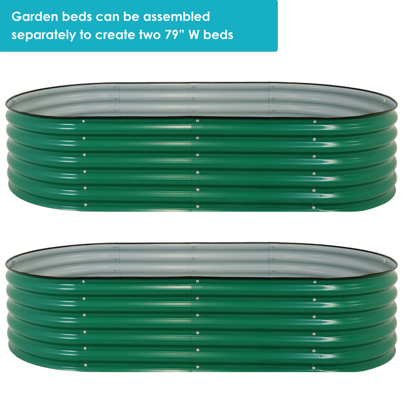 Two green garden beds with text that reads, Garden beds can be assembled separately to create two 79-inch wide beds.