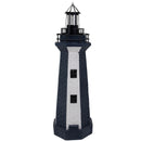 Navy and white striped lighthouse statue with a black lantern and cutout windows displayed against a white background.