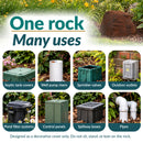 Infographic highlighting eight uses for a low, rounded dark brown decorative faux rock cover, including hiding septic tank covers, well pump risers, sprinkler valves, outdoor outlets, pond filter systems, control panels, spillway boxes, and pipes. Text reads “One rock, Many uses” with a safety note advising against sitting, standing, or leaning on the rock.