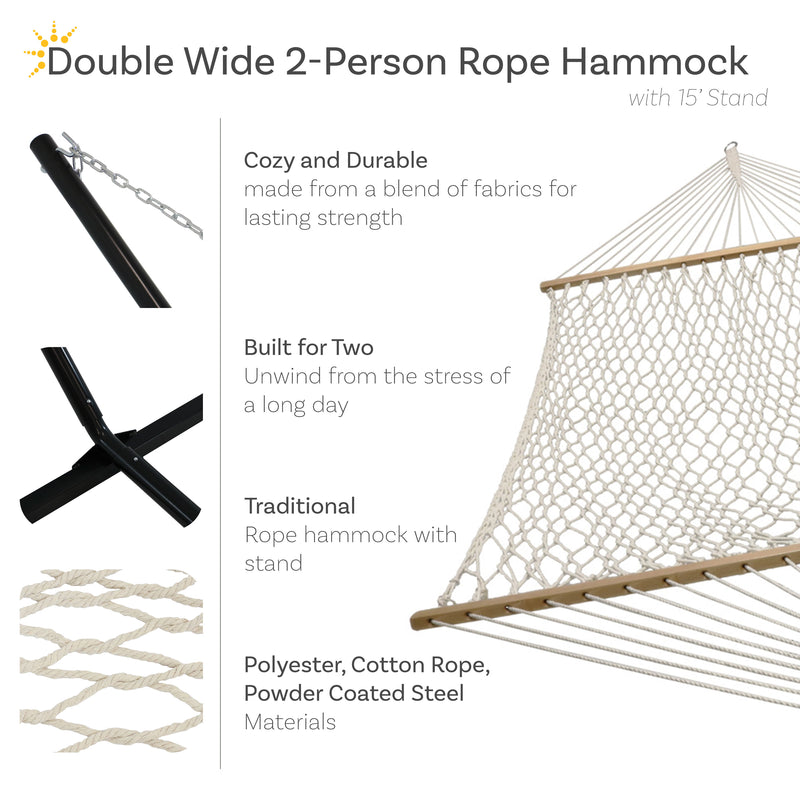 Sunnydaze Double Wide 2-Person Rope Hammock with 15' Stand