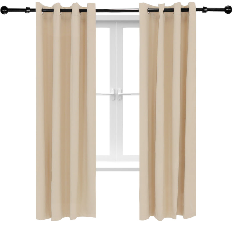 Two beige indoor/outdoor curtains on a black curtain rod in front of a white window.