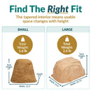 Size comparison infographic of small and large tan artificial landscape rocks. The small rock measures 11 inches high, 12.5 inches wide, and 8.5 inches deep, weighing 1.6 pounds. The large rock measures 14 inches high, 22.75 inches wide, and 19.5 inches deep, weighing 2.6 pounds.