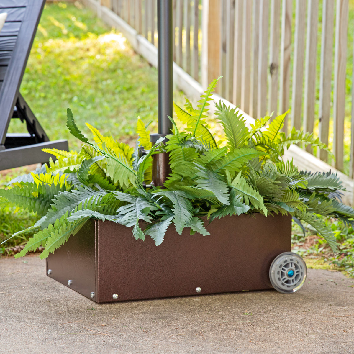 large patio umbrella with planter box stand Sunnydaze Rolling Outdoor Umbrella Base with Fillable Planter for Umbrellas with 2" Diameter Poles