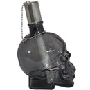 Profile view of a black, clear skull torch with metal snuffer cap and chain.