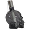 Profile view of a black, clear skull torch with metal snuffer cap and chain.