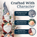 “Crafted With Character” infographic featuring a stacked Christmas gnome statue with callouts highlighting solid magnesium oxide construction, hand-painted detail, and a sparkling finish.