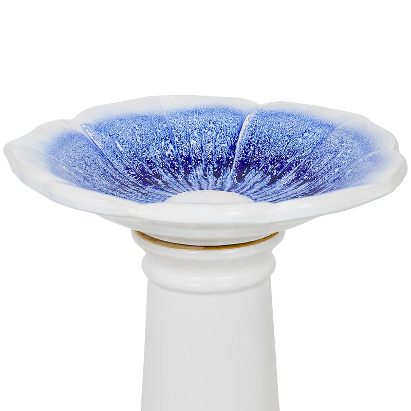 Sunnydaze Misty Blossom Glazed Ceramic Bird Bath – Blue/White - 23" H