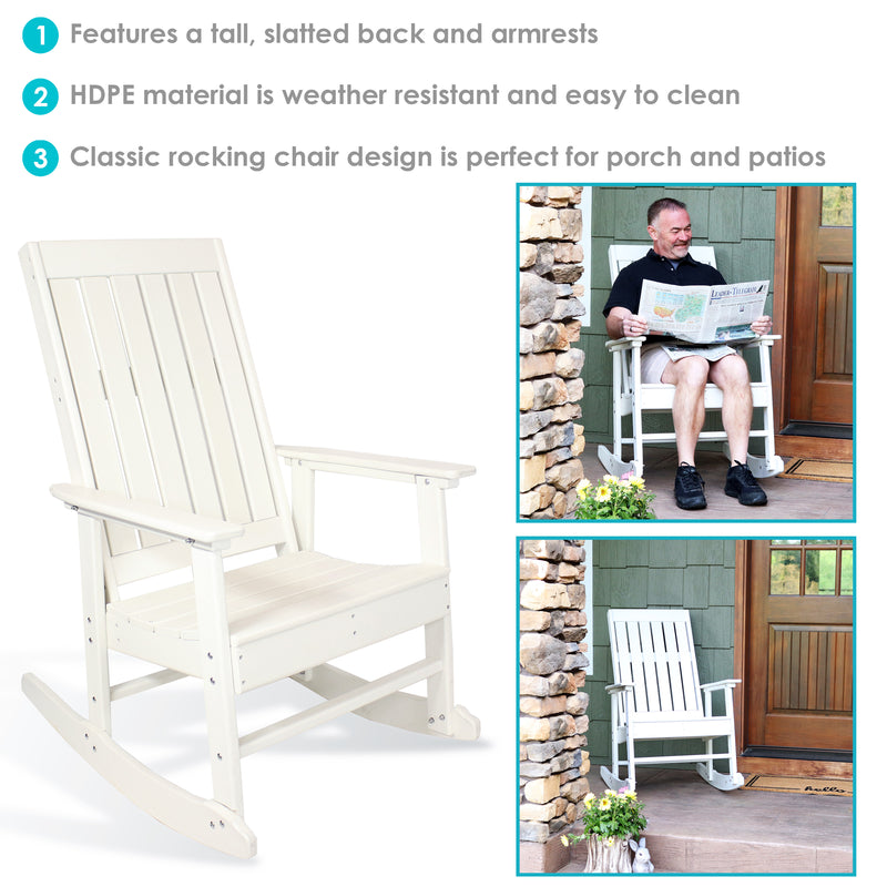 White chair with slatted back and wide armrests.