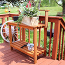 wood outdoor potting bench with teak oil finish