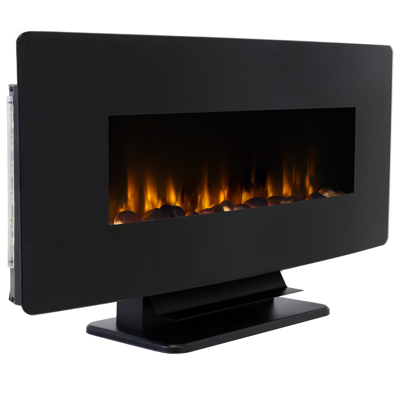 Curved Face Wall-Mount or Freestanding Color-Changing Fireplace with Pebbles