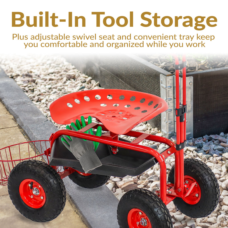 Sunnydaze Rolling Garden Cart with Swivel Seat, Handle, and Basket