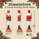 Dimensions infographic for a red and green Christmas nutcracker king holding a gold scepter, showing front, side, and back views. The statue measures 34.5 inches high, 9.75 inches wide, 9.75 inches deep, and weighs 12.2 pounds.