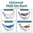 Blue universal multi-use hammock stand shown supporting spreader bar, Brazilian, and Mayan hammock styles. Designed to fit hammocks from 9.5 to 14 feet long.