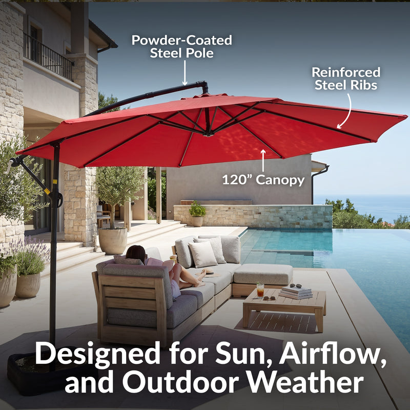 Sunnydaze 10 ft Offset Patio Umbrella with Base and Sandbag Weight