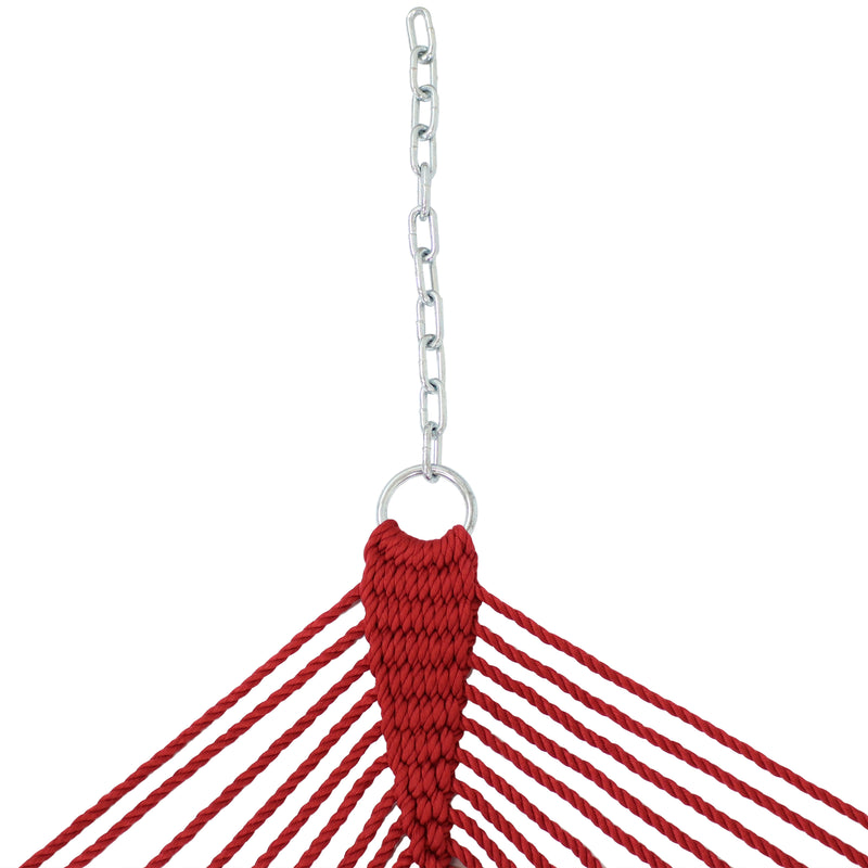 Metal hanging chain and red rope of polyester hammock.