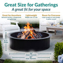Infographic featuring a black metal fire pit in an outdoor patio setting, highlighting its 34-inch outer diameter, 30-inch inner diameter, 8.5-inch height, 12.2-pound weight, and suitability for backyard gatherings and campgrounds.