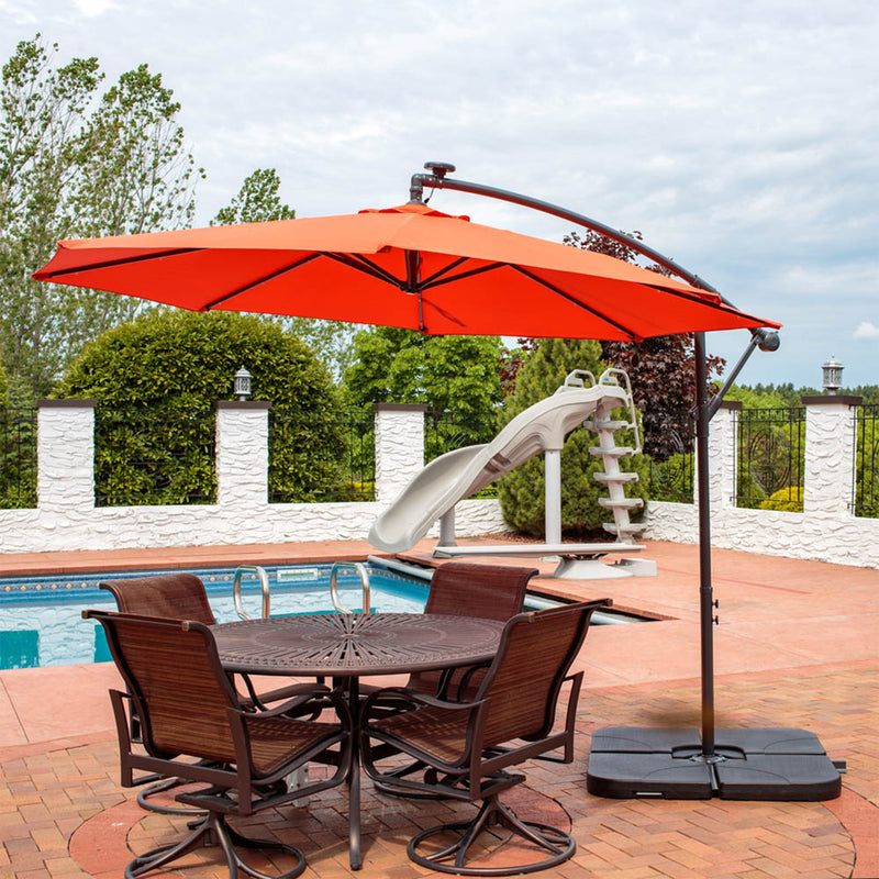 large sun umbrellas for patio Sunnydaze Decor 10' Offset Cantilever Solar Patio Umbrella with LED Lights Crank and Cross Base