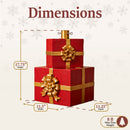 Dimensions diagram for the Present Pile Decorative Christmas Tree Base showing a 17.75-inch height, 11.5-inch width, and 11.25-inch depth. Designed for artificial Christmas trees up to 8 feet tall.