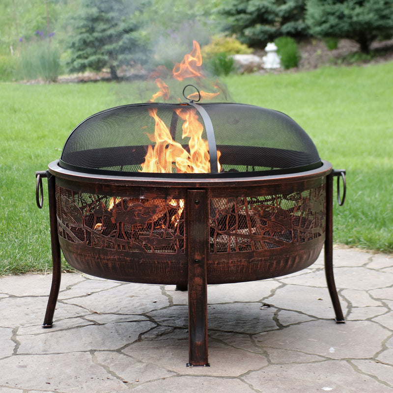 Sunnydaze Northwoods Fishing Fire Pit with Spark Screen - 30 Diameter
