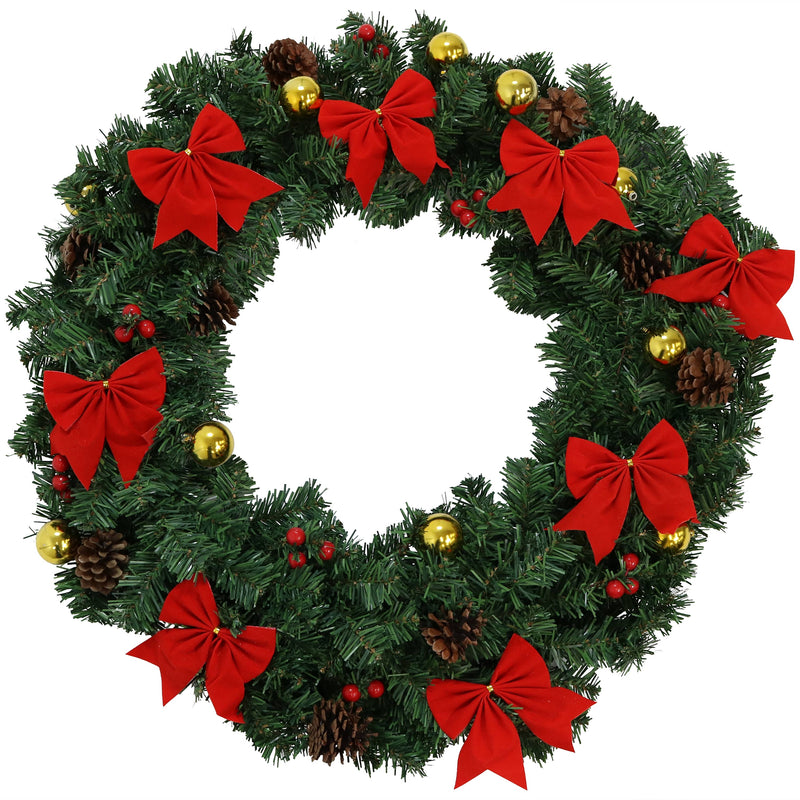 Sunnydaze Unlit Christmas Wreath with Red Holiday Bows - 24 Inches