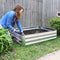 Women kneeling next to silver raised garden bed outside planting small plants 