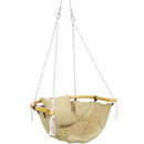 khaki colored hammock chair with wooden arms and cushion