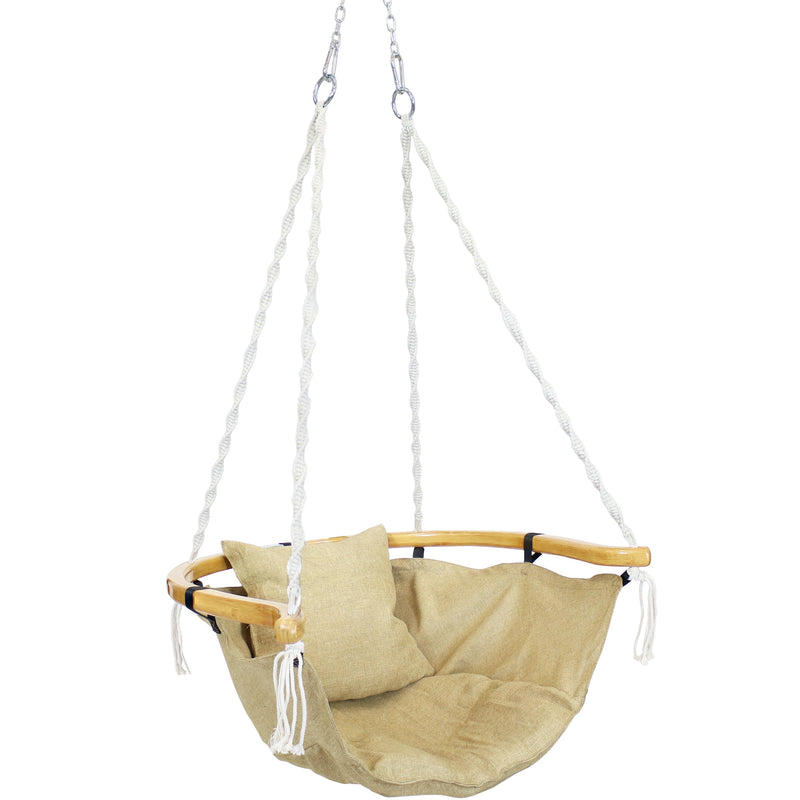 khaki colored hammock chair with wooden arms and cushion
