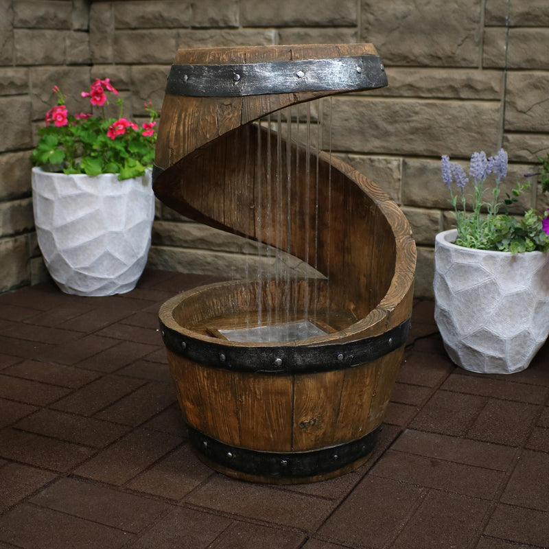 Sunnydaze Spiraling Barrel Outdoor Water Fountain with LED Light - 25"