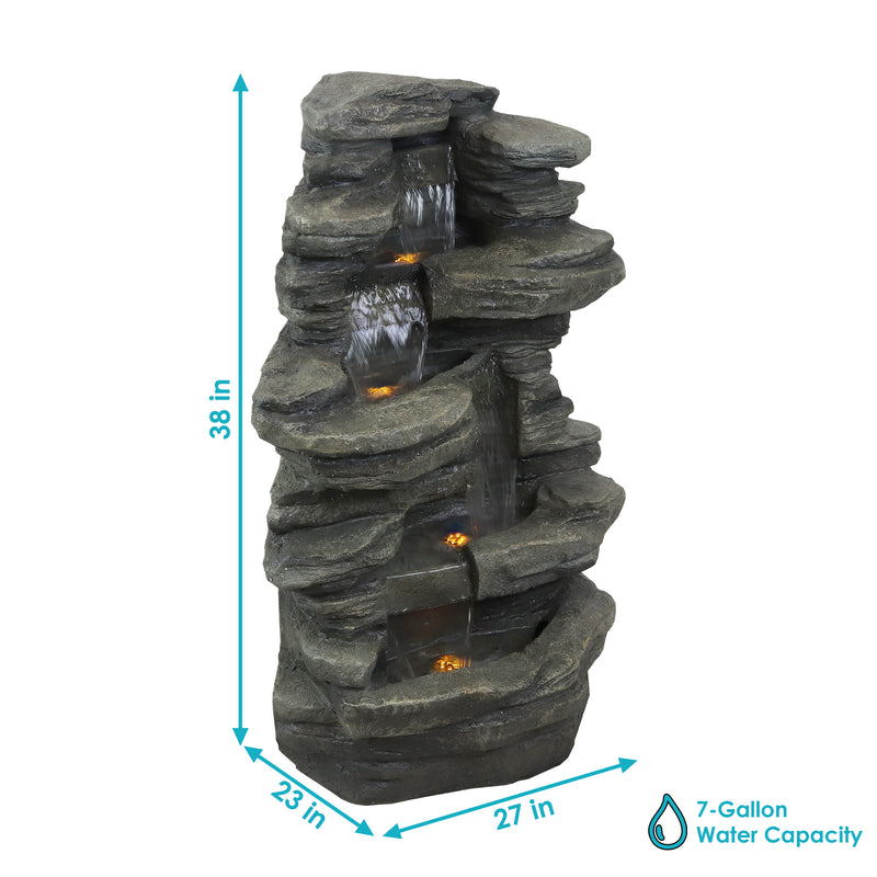 top of stacked shale outdoor water fountain with LED lights