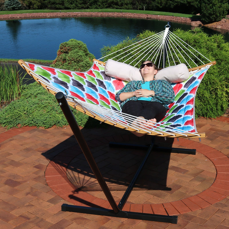 Sunnydaze Quilted Hammock with Curved Bamboo Spreader Bar and Pillow