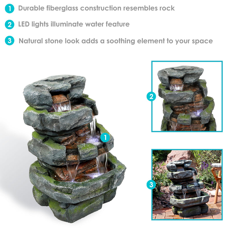 stacked shale outdoor water fountain with LED lights