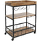 Industrial three shelf rolling bar cart with brown oak veneer-covered particleboard shelves 