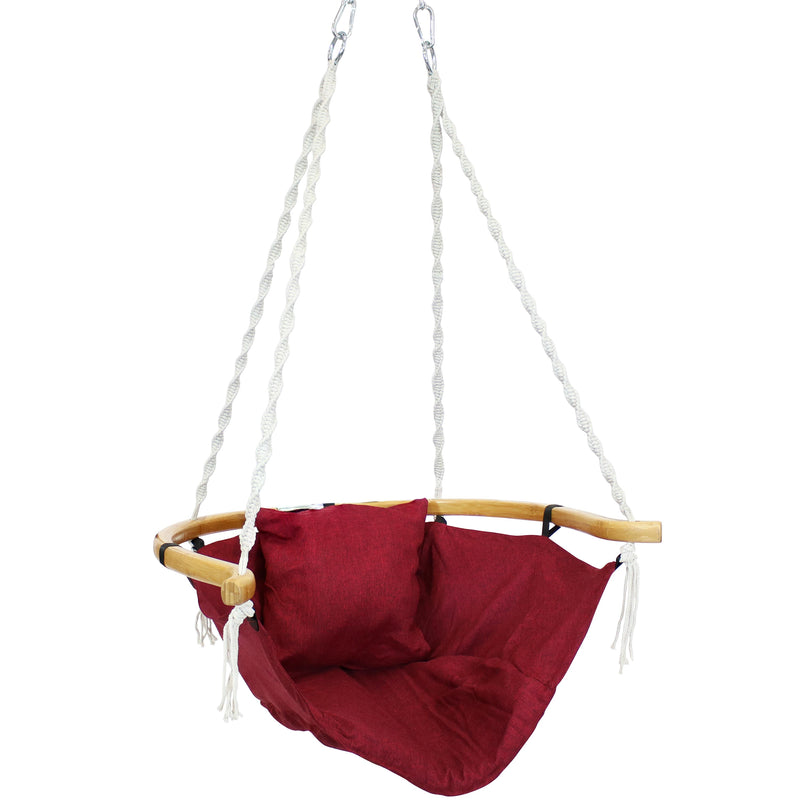 red hammock chair with cushion and armrest